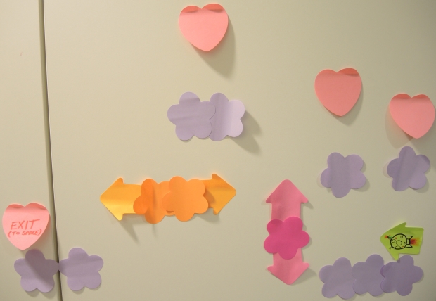 A platformer game in Post-Its, with moving clouds and some hearts to collect